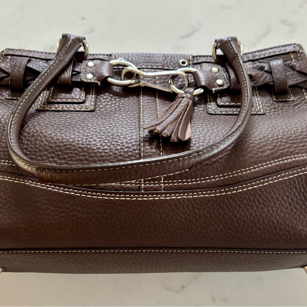 Coach Brown Pebbled Leather Handbag with Tassle Accent